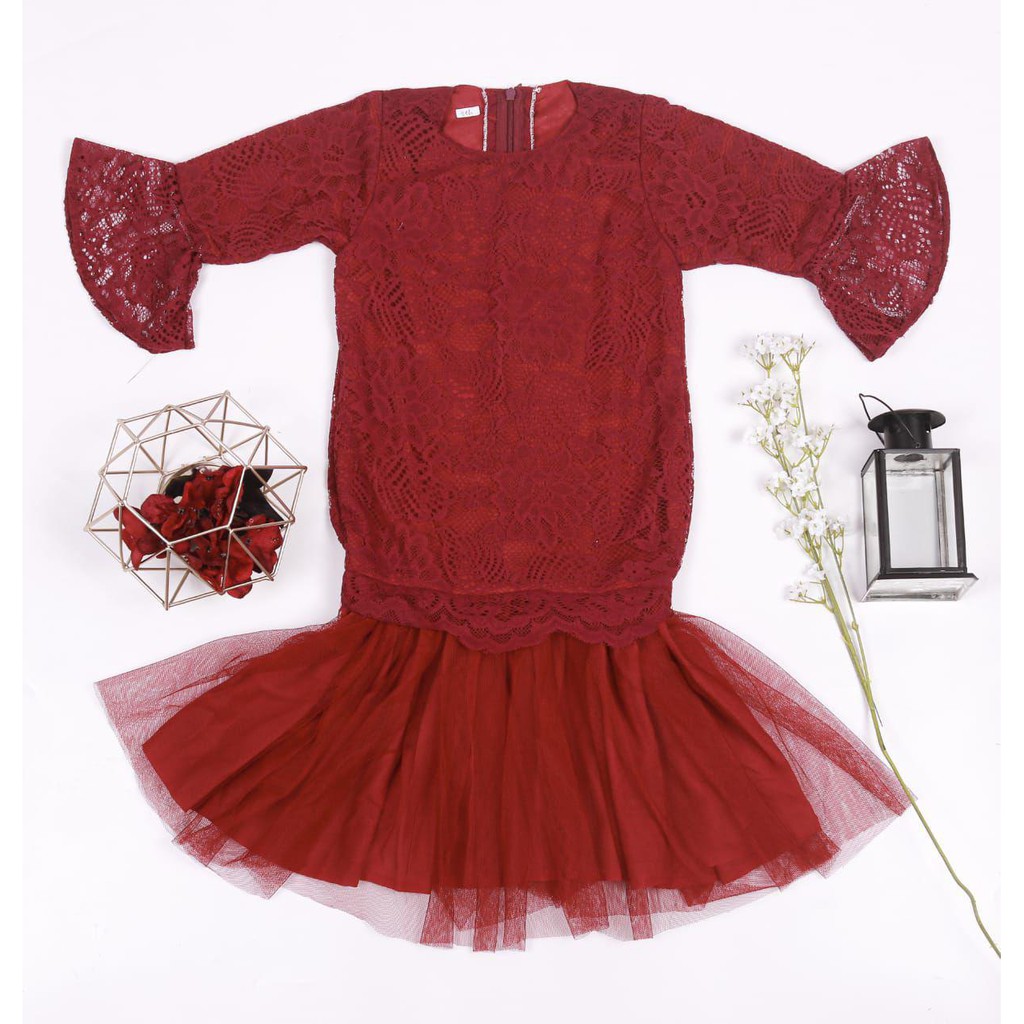 GAMIS SOFIA MIX TULLE WARNA MARON/GAMIS BRUKAT CANTIK WANITA/GAMIS BRIDESMAIDS/GAMIS LEBARAN/GAMIS K
