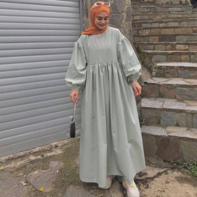 Gamis Katun Polos Toyobo Chila Dress Rempel Rufle Susun Bisa Request warna