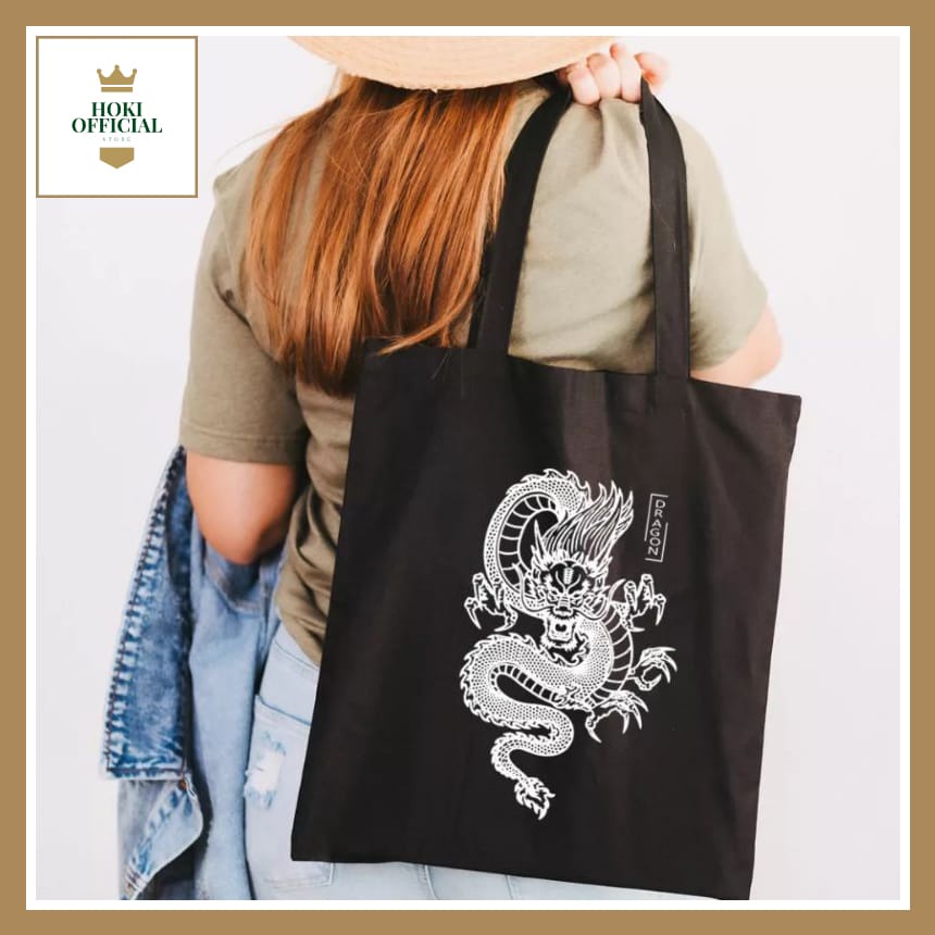 [COD] Totebag Kanvas Hitam Putih Motif Naga Pakai Resleting Tote Bag Polos HokiOfficial