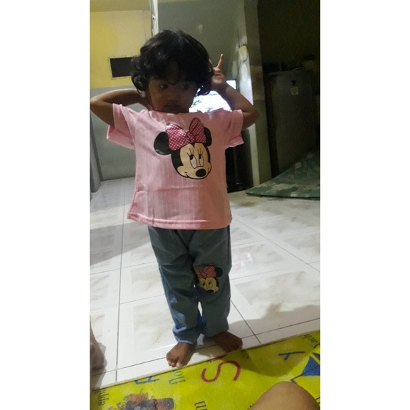 vision online-set one denim baju bayi dan anak perempuan stripy minnie pinky 1 2 3 4 tahun murah cod