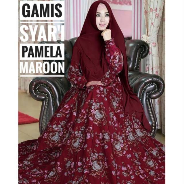 Gamis Syari Maxi Pamela Maroon Wolfis Dengan Set Jilbab/Hijab Khimar Ceruti Murah Terbaru
