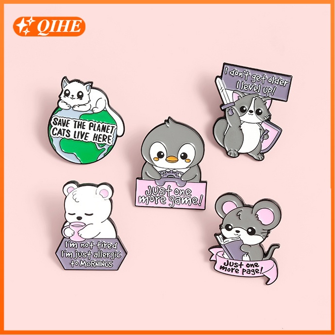 Pin Bros Lencana Enamel Bentuk Kartun Hewan Kucing Beruang Penguin Untuk Hadiah Teman