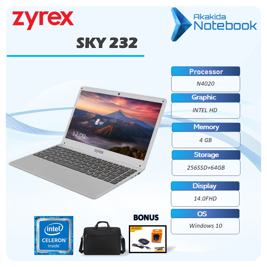 Laptop ZYREX Sky 232 - Intel Celeron N4020 4GB 256SSD+64GB W10 14.0FHD