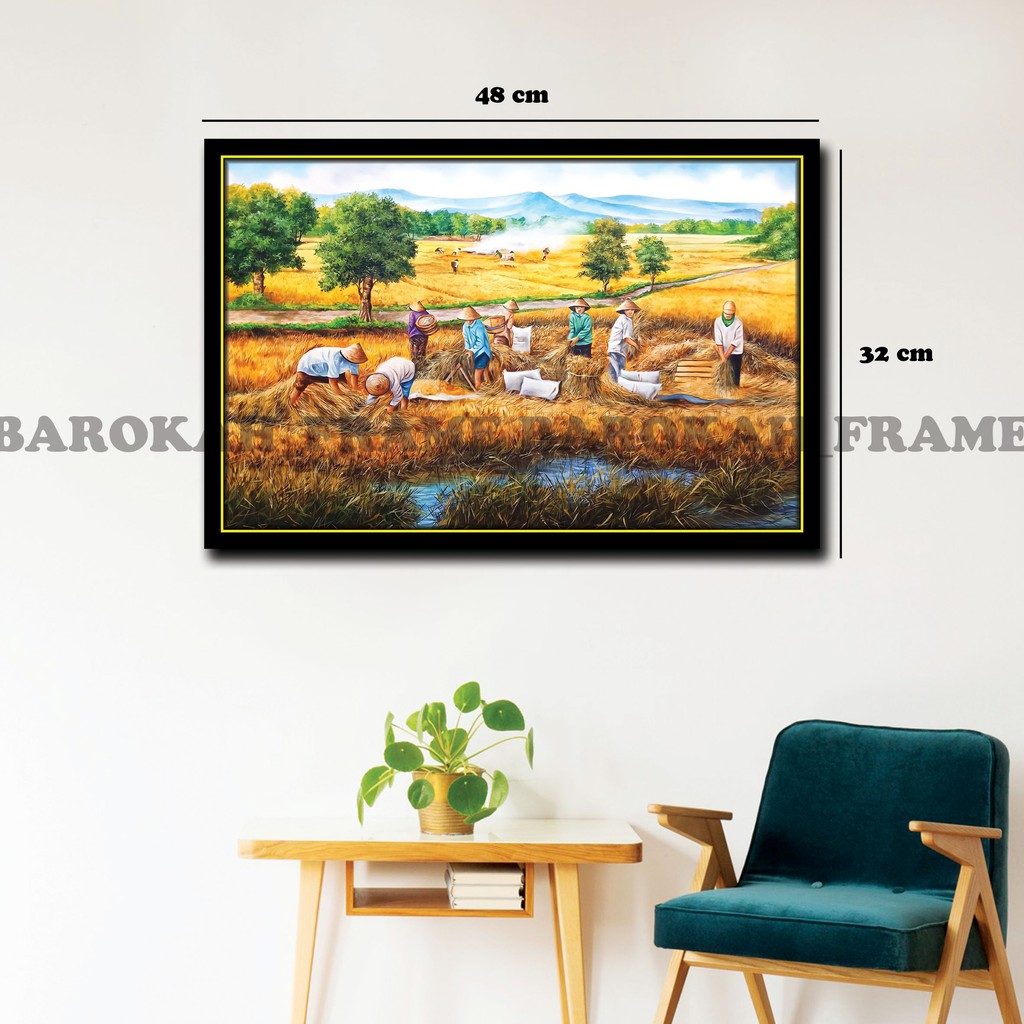 Poster Foto Lukisan Pemandangan Sawah Panen Raya Petani Bertani 32x48cm