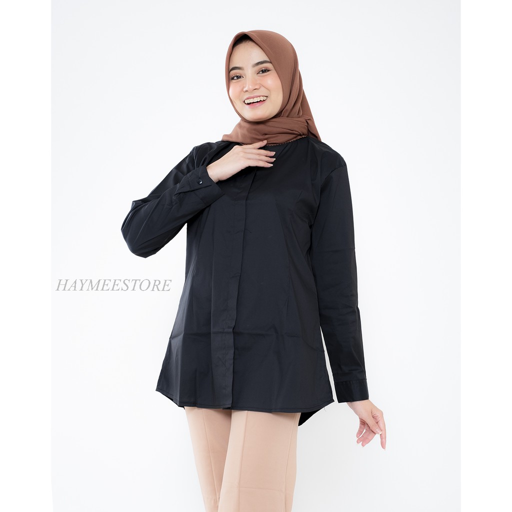 Haymeestore Kemeja Hitam Polos Wanita Baju Kantor Lengan Panjang Cewek Formal Atasan Kerja Casual Shopee Indonesia