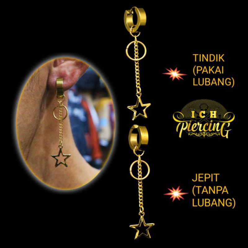 Anting Pria Wanita Tindik dan jepit Model Ring Rante bintang Gold Terbaru / Anting Korea Gantung / Anting BTS / Anting Kpop