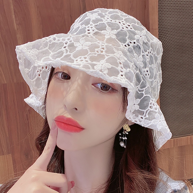 Topi Bucket Wanita Bahan Lace Motif Bunga Gaya Korea Untuk Musim Panas