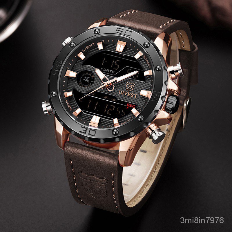 DIVEST Brand Top Luxury Fashion LED Digital Men Watch Chronograph Sport Casual Leather Strap Quartz