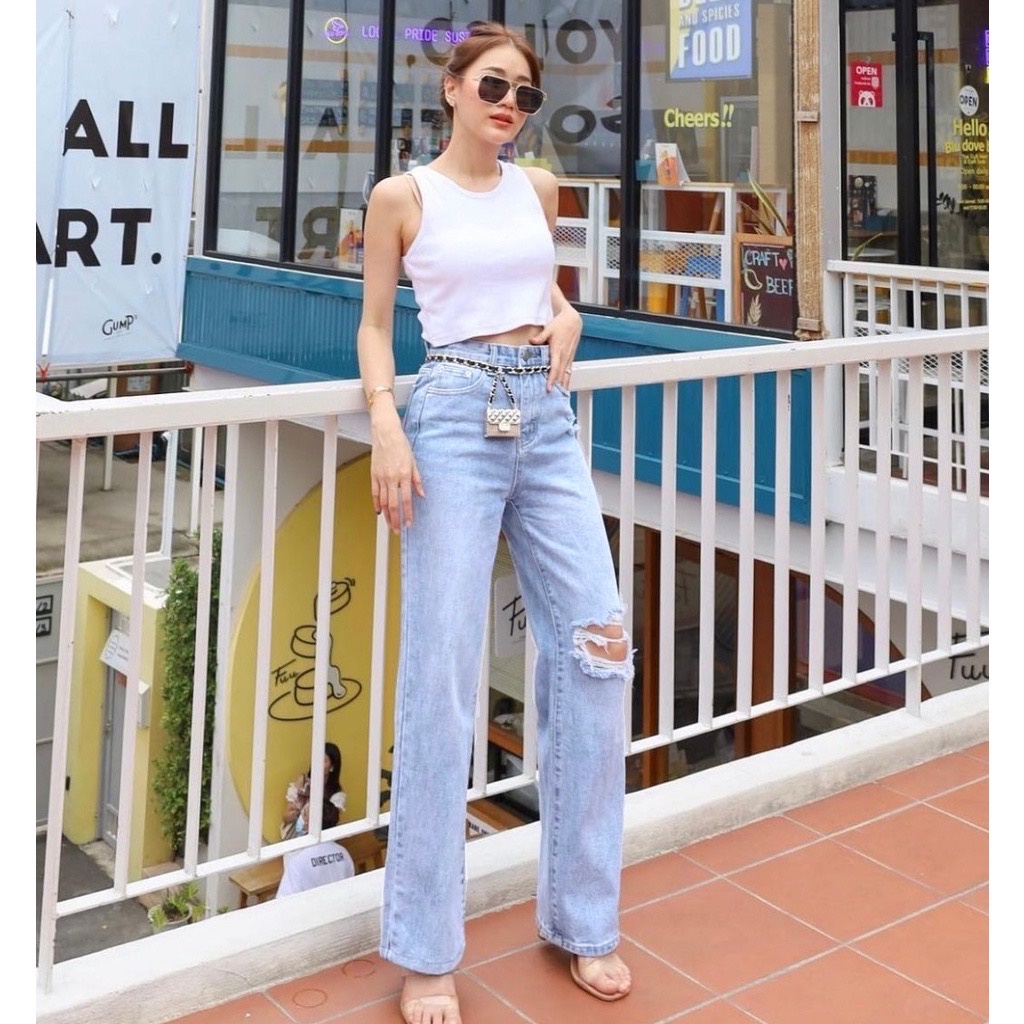 TRIVELA Celana Panjang Kulot Jeans Highwaist Sobek Long Bf Ishika Loose Jeans / Laurent Highwaist Loose Jeans