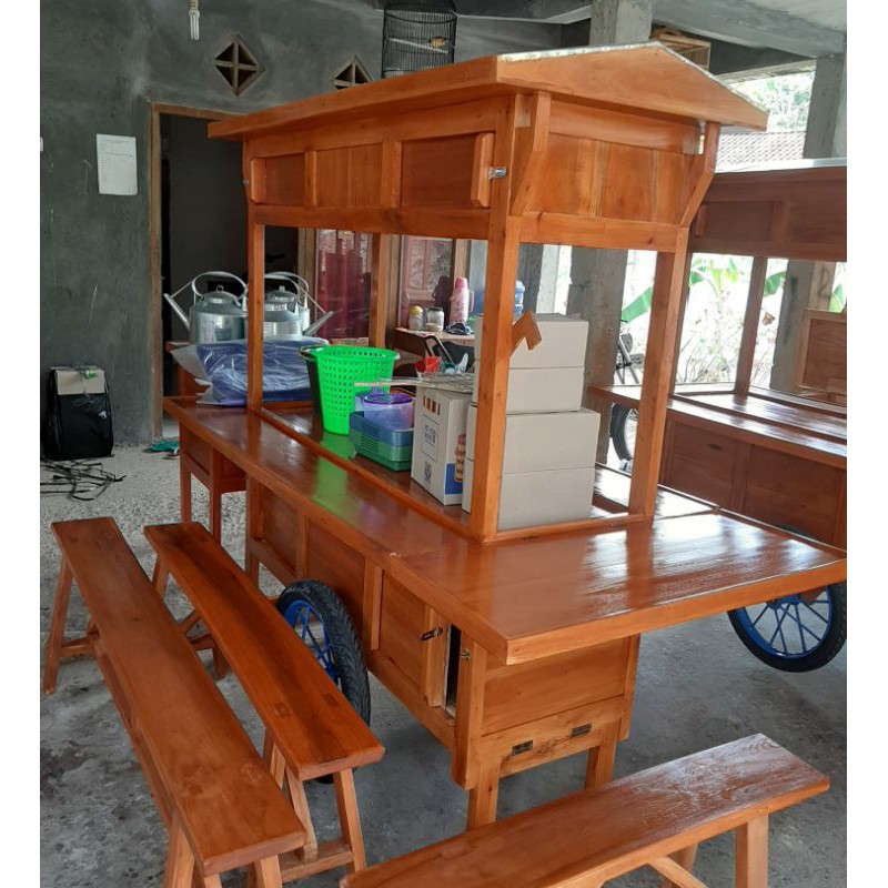 gerobak angkringan tungku pisah bahan kayu mahoni