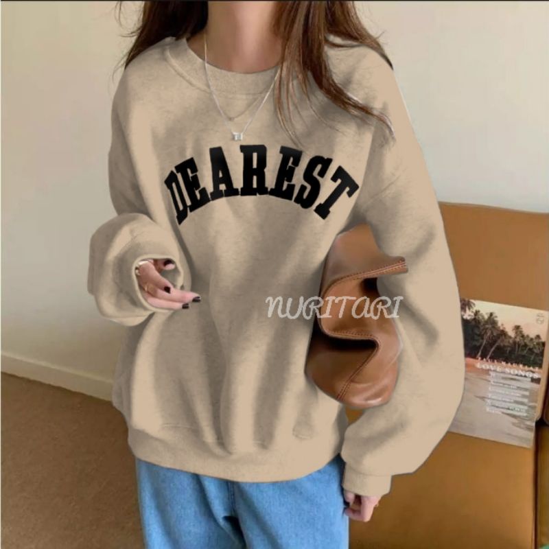 DEAREST BAHAN FLEECE SWEATER OBLONG CREWNECK WANITA-CREAM MUDA