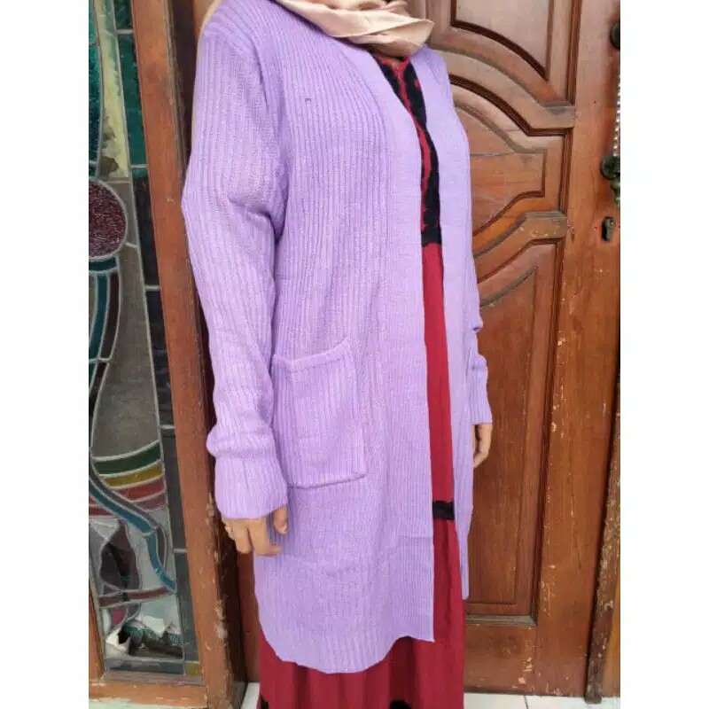Cardygan Warna Lilac Long Premium Pocket Oversize Bahan Rajut Tebal Outer Kardi Panjang Belle Cardy