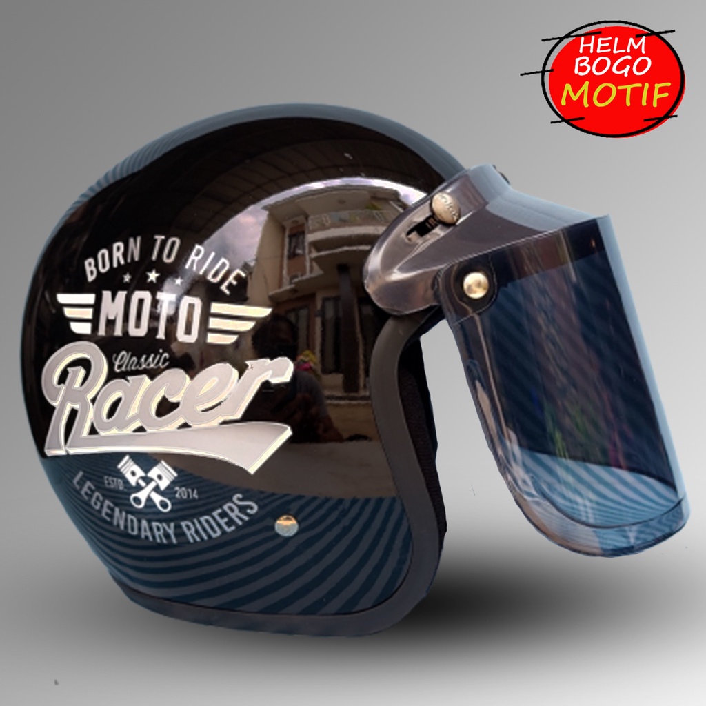 HELM BOGO CLASSIC MOTIF KACA DATAR INJAK HITAM SMOKE MURAH HELM SNI PREMIUM UNTUK PRIA DAN WANITA DEWASA COD