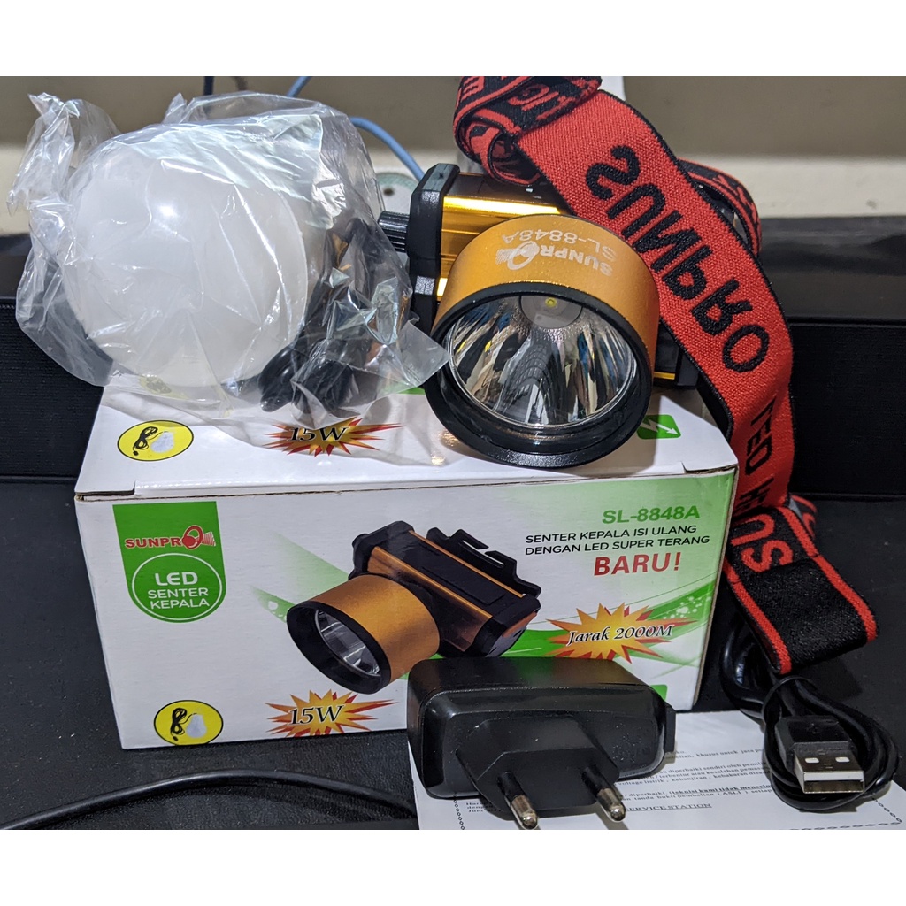 Senter Kepala Headlamp Sunpro SL-8848A Kuning/Putih 15 Watt Charger bonus Lampu Ada korek Api untuk rokok dan nyalakan api