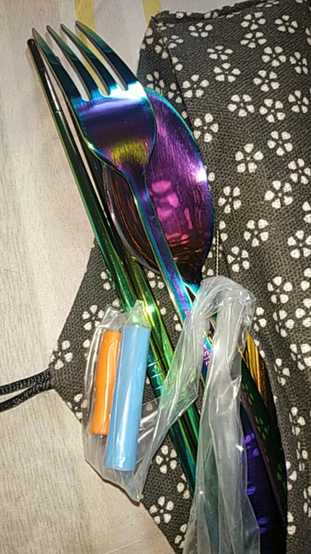 Cutlery Set Travel Sendok Garpu Sumpit Sedotan Warna Pouch Lipat