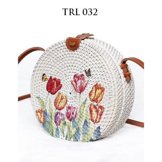 

THe Ziel Tas Rotan Bali Bulat Diameter 20cm Lukis Decoupage Motif Bunga TRL032