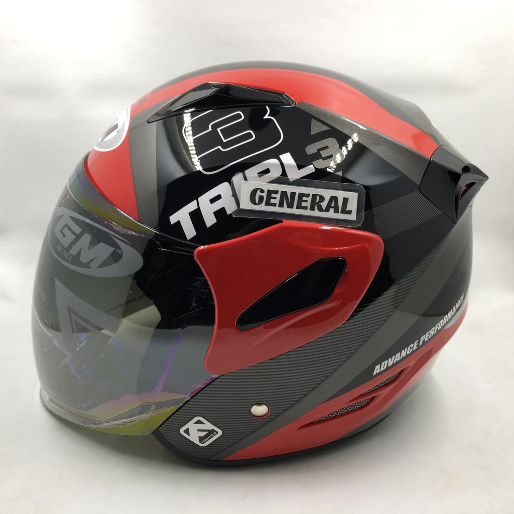 Helm GM Fighter Motif Triple Red Silver Merah Half Face