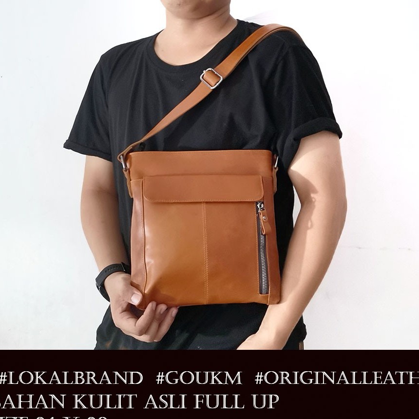 Tas Kulit Pria Oxford Leather Messenger / Sling Bag - Two Tone Brown