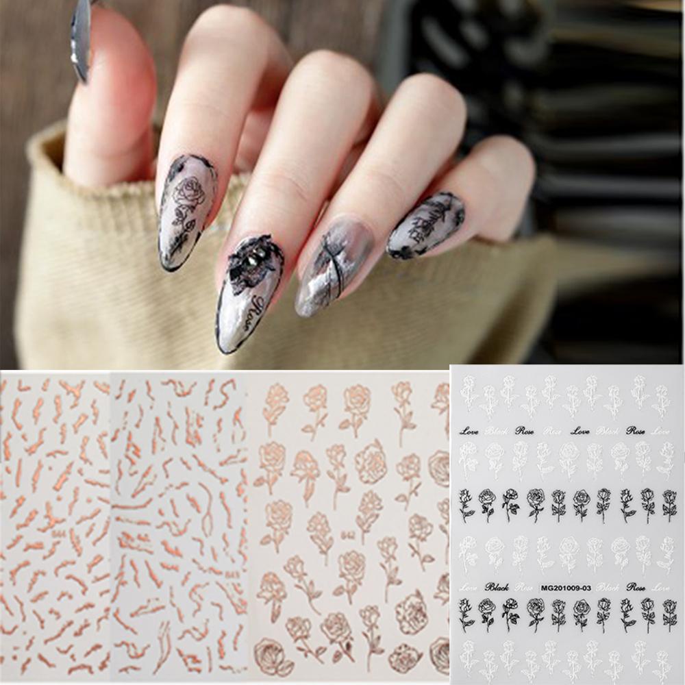 Mxbeauty Rose Print Kuku Stiker 3D Laser Bunga Mawar Manicure Self-Adhesive Hitam Nail Art Stickers