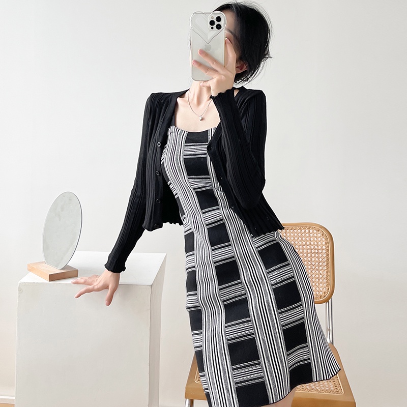 【Elegant】Korean  Checkerboard Plaid Knit Sleeveless Mini Dress 7488