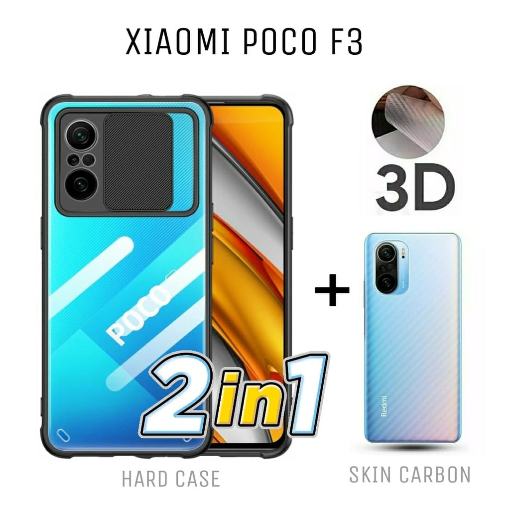 Case XIAOMI POCOPHONE F3 Paket 2in1 Hard Case Fusion Shield Free Skin Carbon Back Handphone