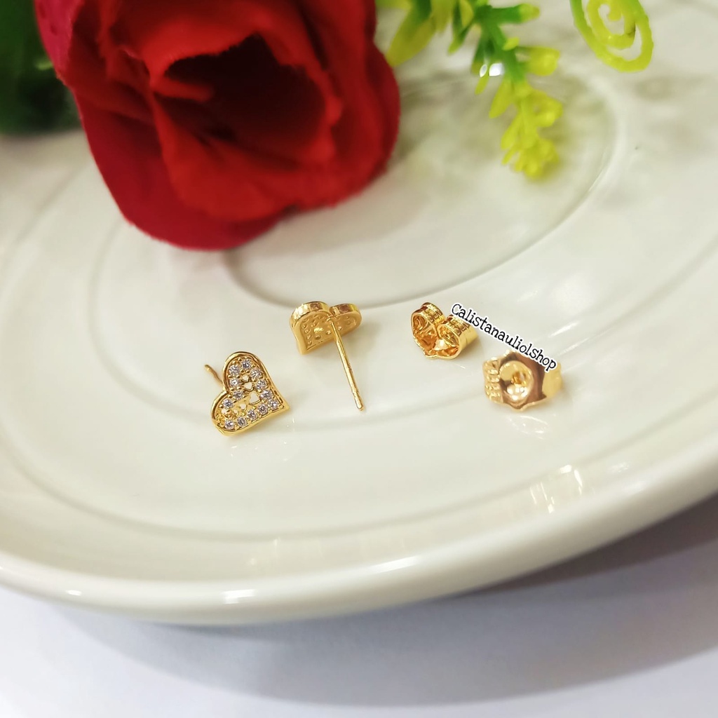 ANTING GIWANG DESAIN MINIMALIS LAPIS EMAS18K LOVE PERMATA ANTI KARAT