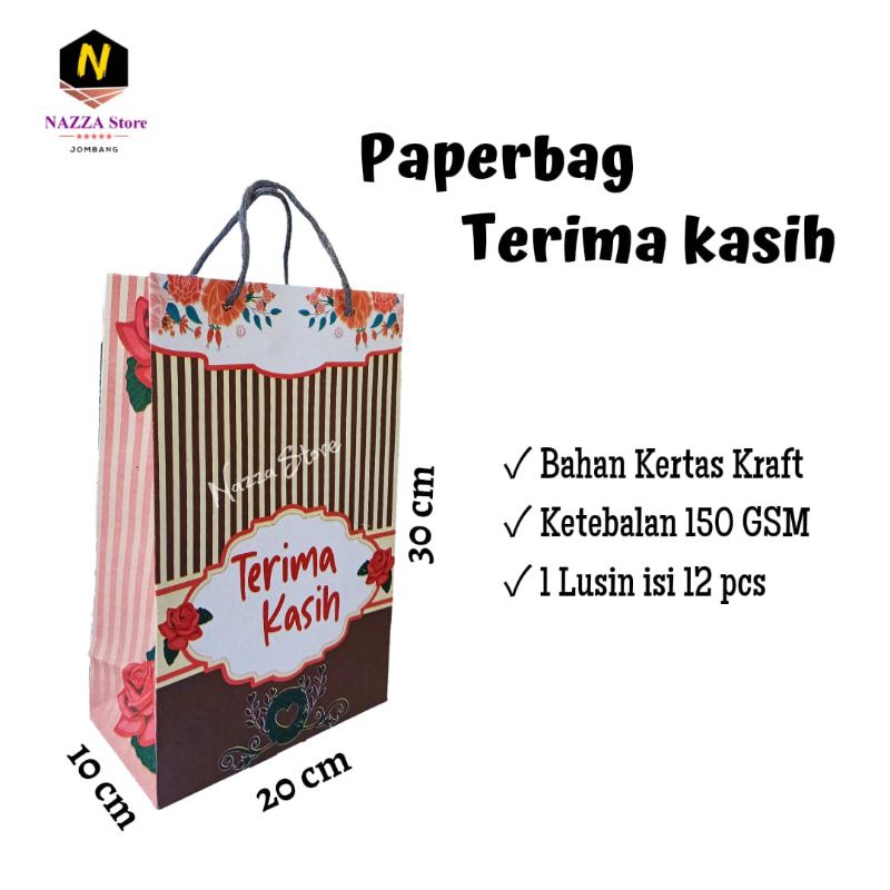 

Paperbag TERIMA KASIH 20x10x30 cm isi 12 pcs