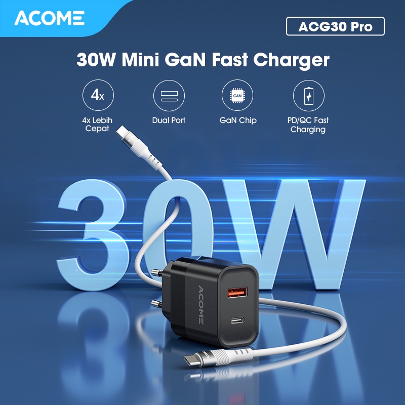 ACOME Charger GaN 30W Fast Charging PD/QC 3.0 Dual Port Support Laptop/iPad Garansi Resmi 1 Thn - ACG30 PRO