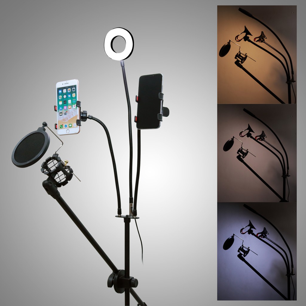 Kotacase-Mic Holder Full Set Pro Stand Holder Berdiri Microphone 1 &amp; 2 Holder HP LED Mic Standing Holder LED With Tray V8 Soundcard