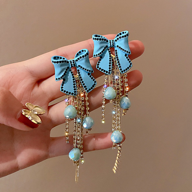 Fancyqube Anting Rumbai Panjang Desain Ikatan Simpul Warna Biru Aksen Manik-Manik Kristal Untuk Wanita