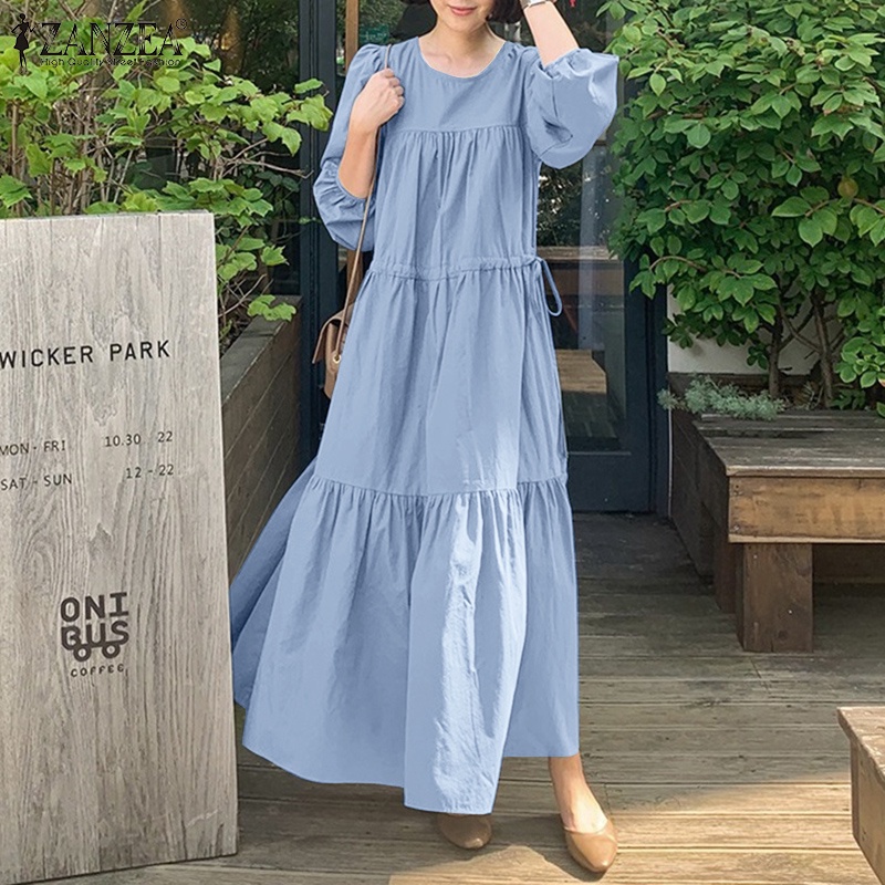 ZANZEA Women Korean Style Fashion Long Sleeve O-Neck Loose Ruffled Hem Maxi Dresses