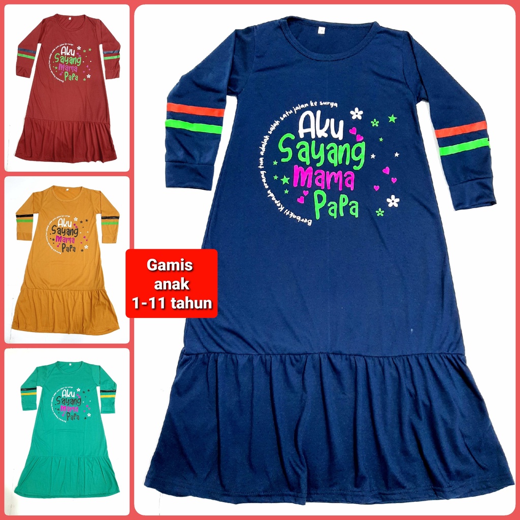 gamis anak muslim perempuan 1- 11 tahun pakaian kaos tangan panjang cewek sayang papa mama kerut murah