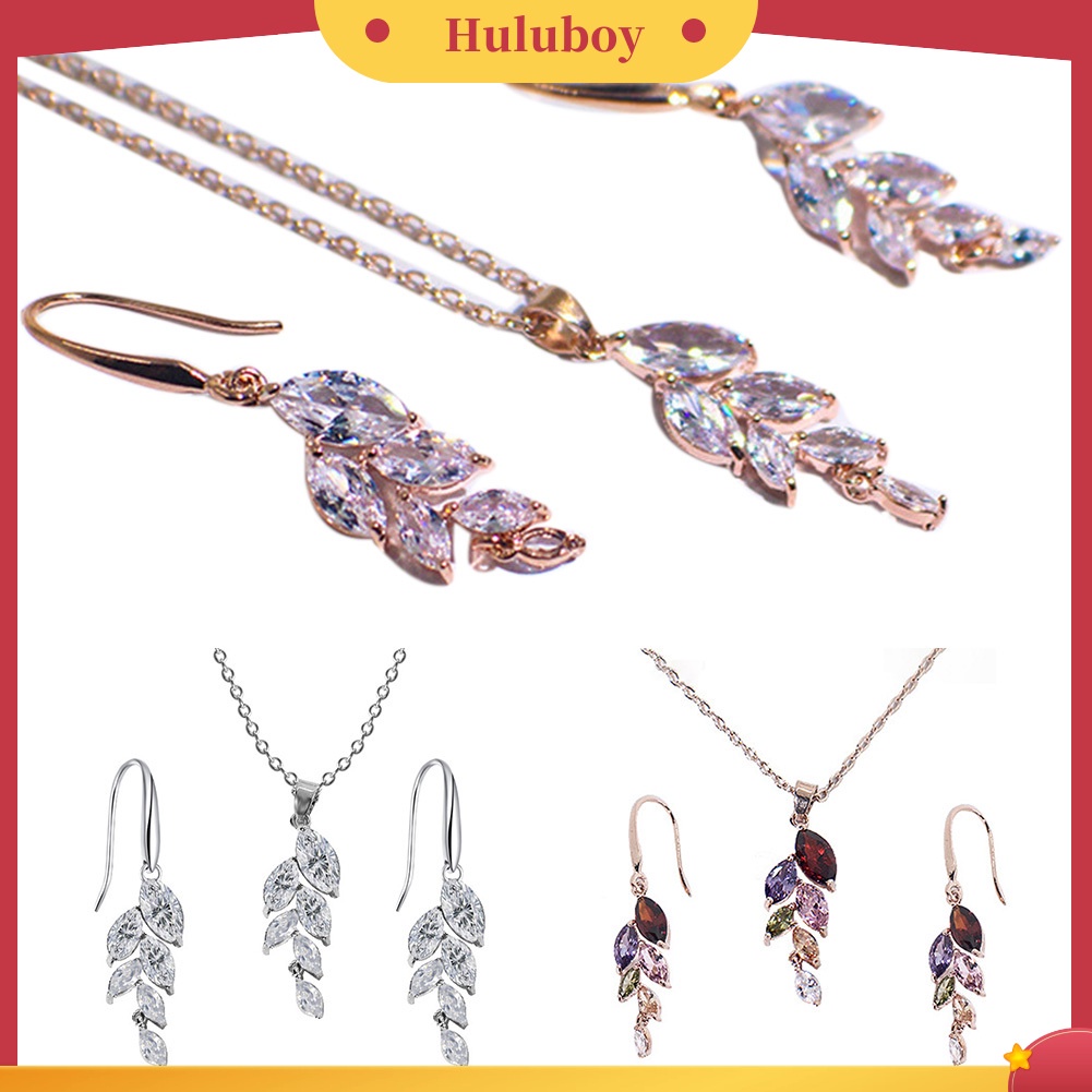 Hu Hu Hu Hu Hu Alat Bantu Pasang Kacamata♡ Set Anting Dan Kalung Rantai Desain Daun Aksen Kristal Berlian Imitasi Untuk Wanita