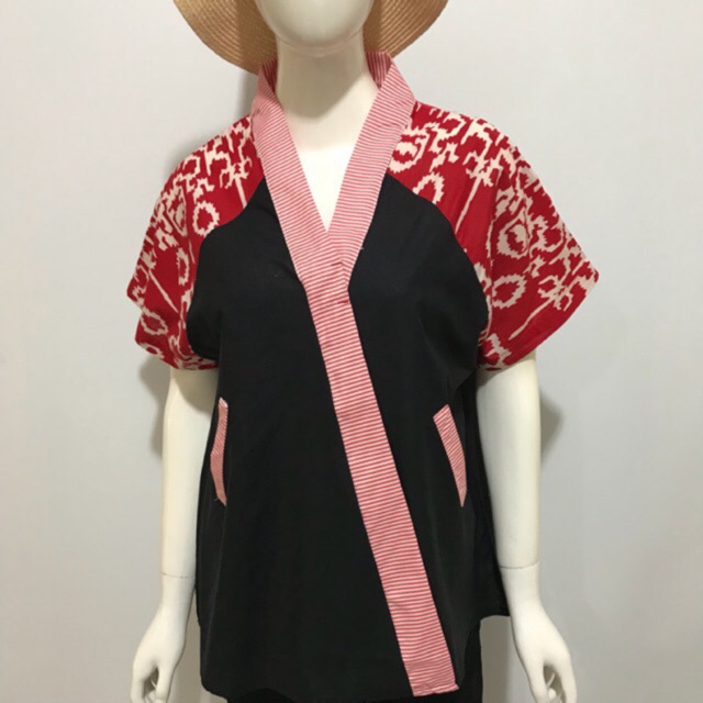 Blouse Fashion Ruby QQinian Katun Hitam Merah Coklat Garis Lurik Kombinasi Batik Kawung Grosir