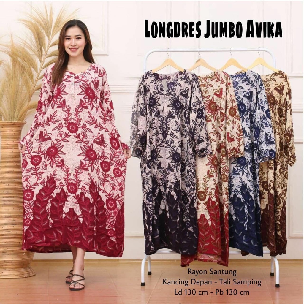 Daster Jumbo AVIKA LD 130 Longdress Kancing Depan Daster ibu cantik hamil Bumil Busui lengan panjang BIG SIZE