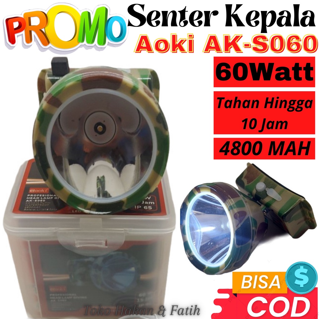 Senter Kepala Waterproof / Diving Motif Army AOKI AK-S060 60w 60 Watt Super Led Baterai Lithium 3600