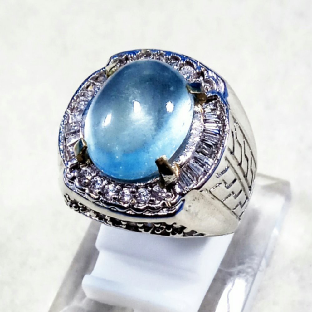 CINCIN BATU AKIK PERMATA NATURAL BLUE AQUAMARINE BERLY RING ALPAKA SUPER GLAMOUR