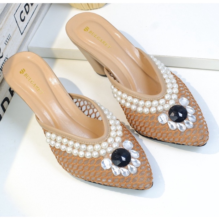 FLASH SALE 7.7 Sandal Wanita High Heels Brukat Jala Strap Mutiara SP 23