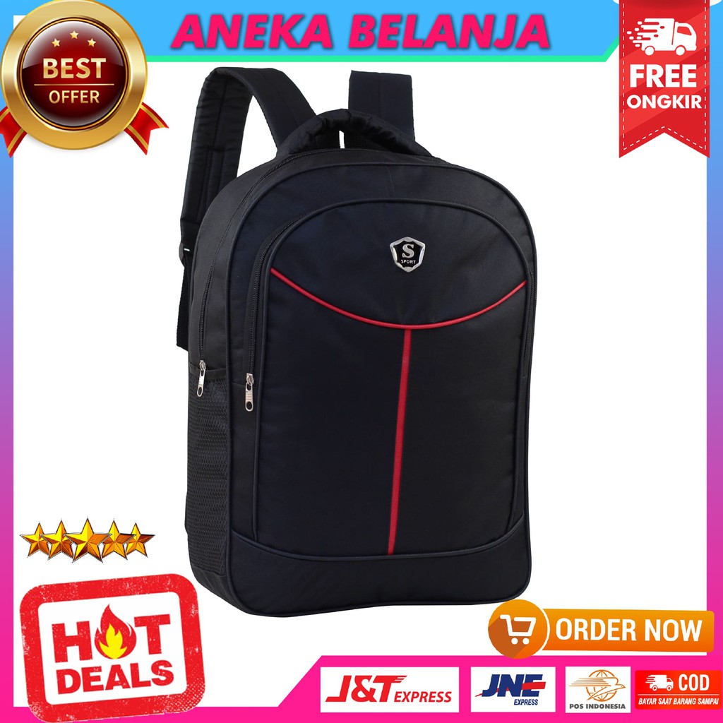 Tas Punggung Cowok Model Sport Warna Hitam Garis Tengah Merah SD SMP SMA Ransel Pria Multifungsi Kuliah Kerja Hangout Bahan Awet tebal Harga Termurah Terlaris Berkualitas