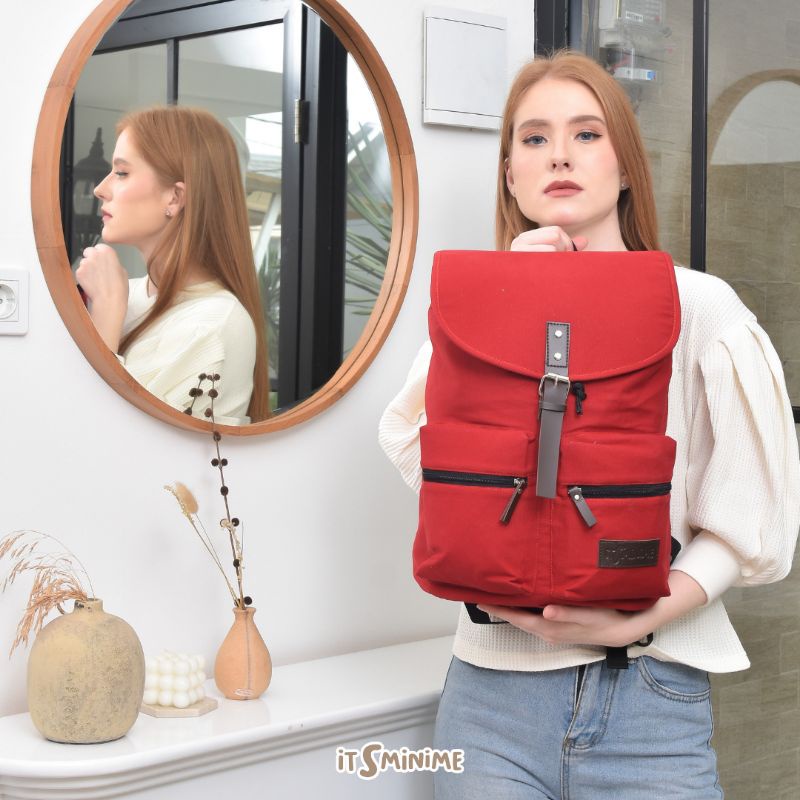 TAS RANSEL KANVAS UNTUK LAPTOP 14 INCH, KAGAMI BACKPACK MERAH