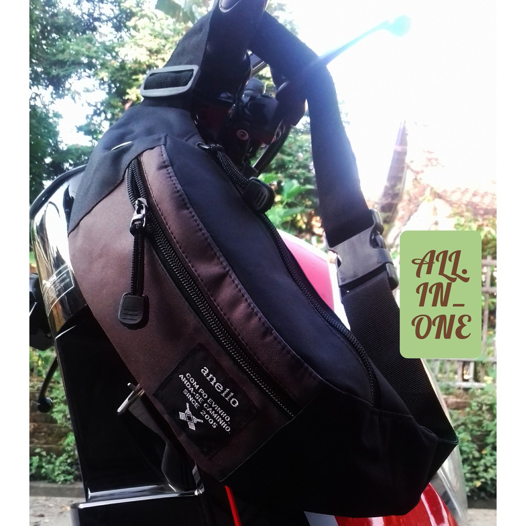 Tas Selempang Pria Distro Murah Anti Air / Waistbag Waterproof Bahan Polyester d300 - Black