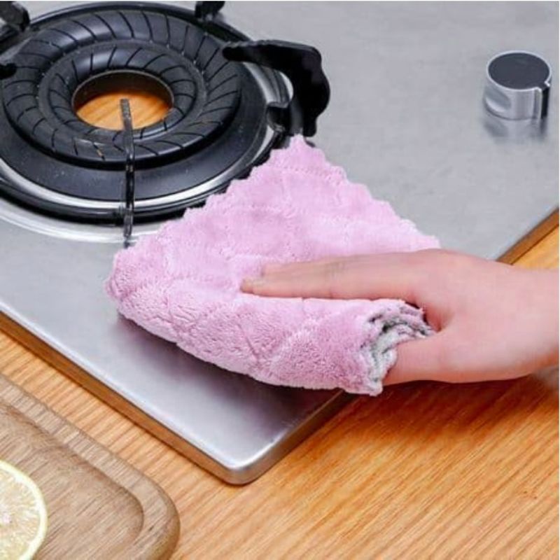 Kain Lap Dapur Piring Lap Microfiber Bahan Coral Twis Lembut 2 Sisi Lap Petak