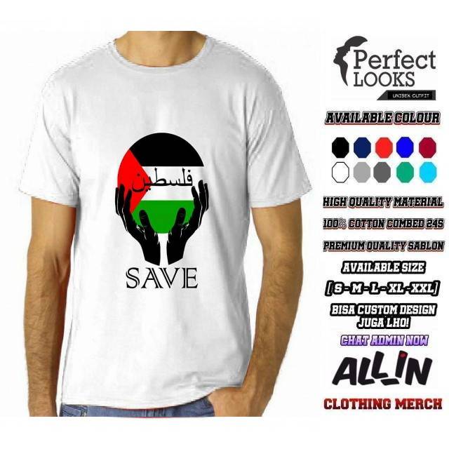 KAOS PALESTINA SAVE PALESTINA SELAMATKAN PALESTINA SABLON POLYFLEX KEREN