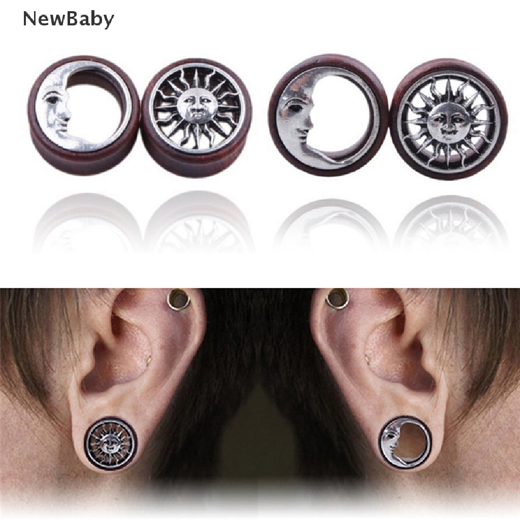 Newbaby 1 Pasang Ear Plug Tunnel Pembesar Lubang Tindik Telinga Desain Matahari &amp; Bulan