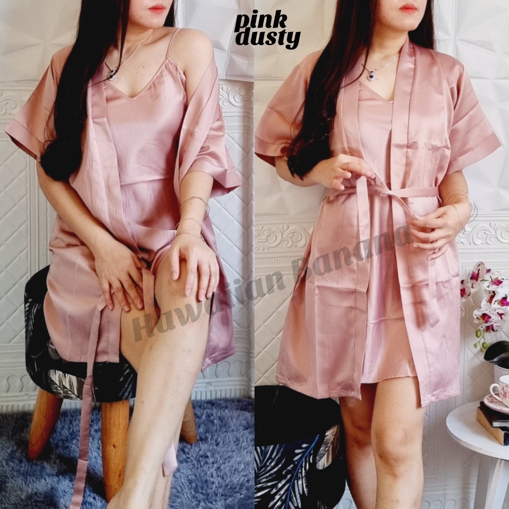 HawaiianBanana Baju Tidur Kimono Dress Polos Satin Satu Tali Sexy (L-XL) / Satin Import Premium