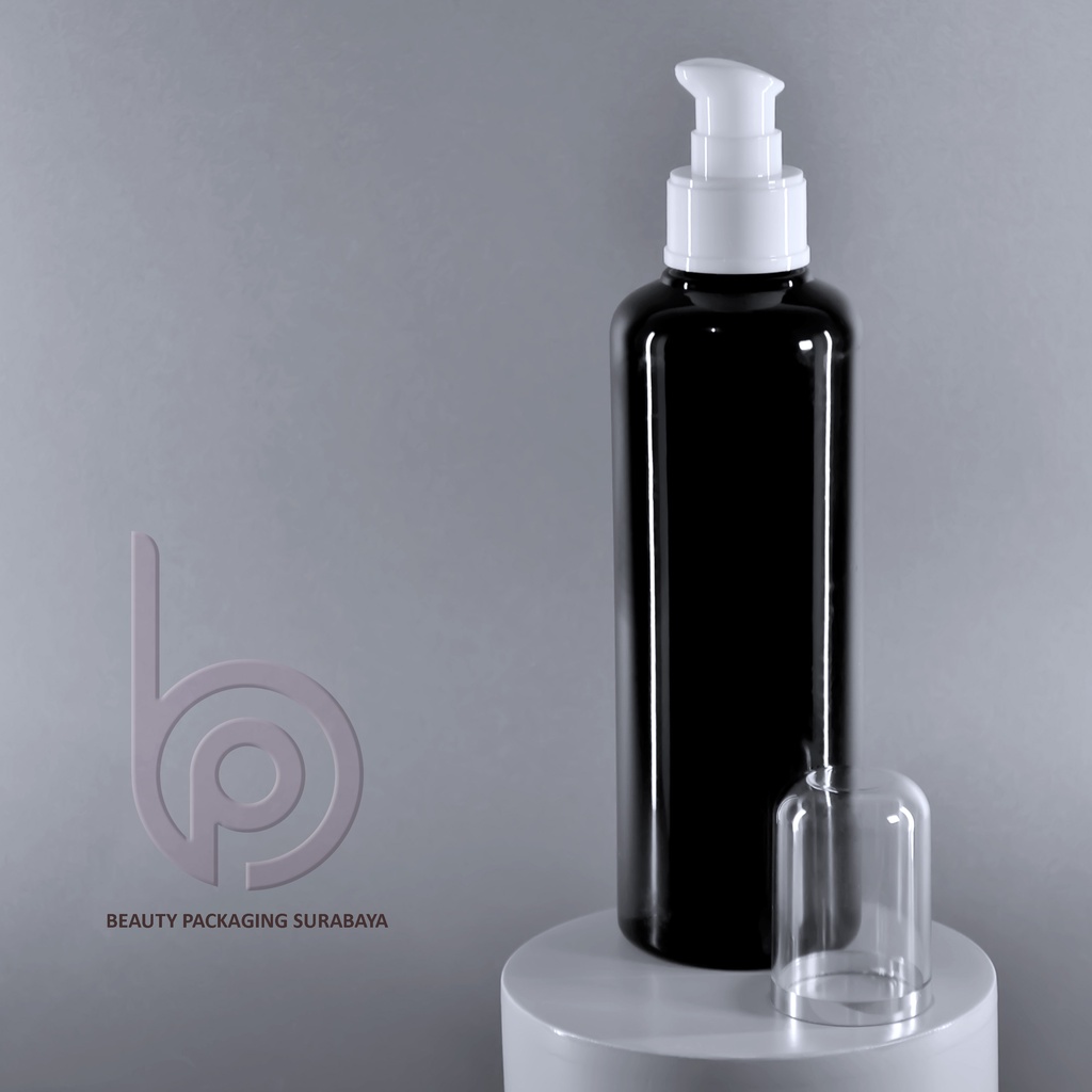 Botol plastik PET 250ml BR hitam tutup pump treatment fc list