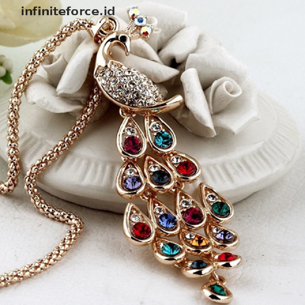 Infiniteforce.id Kalung Rantai Panjang Wanita Liontin Burung Merak Hias Kristal Multi Warna