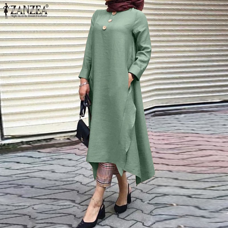 ZANZEA Women Decorative Button Front O-Neck Irregular Hem Muslim Dress