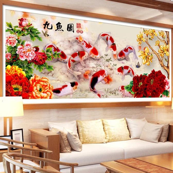 DIY Diamond Painting 5D sembilan koi dan bunga peony 66x30cm D82SK
