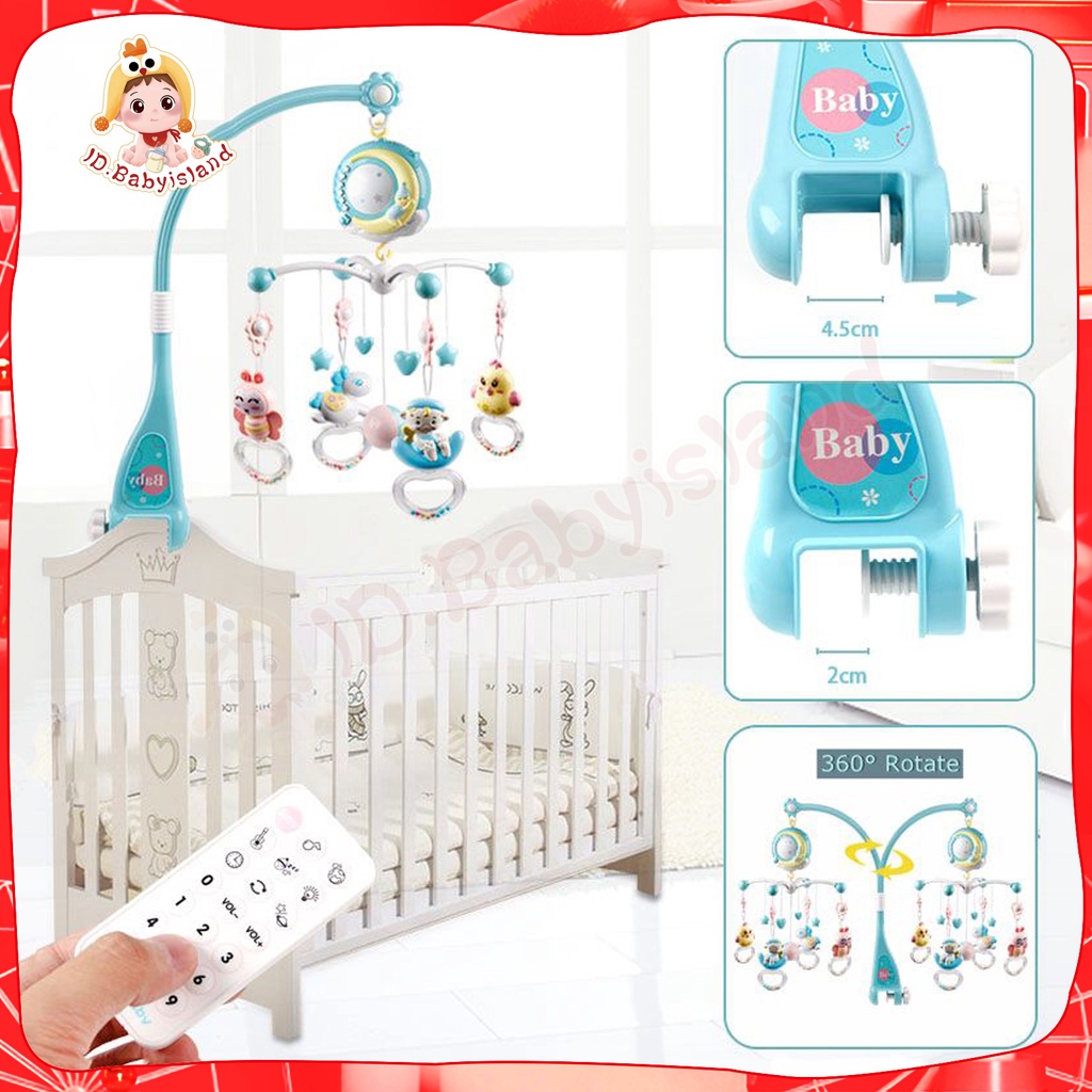 [cod] Baby Crib Mobile 0-12 Bulan Mainan Rattle Music Remote Control Memutar Bel Tempat Tidur 4 Warna